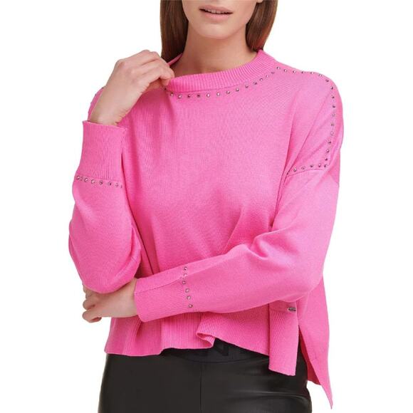DKNY Ladies Hot Pink Crewneck Sweaters w/ Gunmetal Stud Trim, Size Small, NWT! - Picture 1 of 5